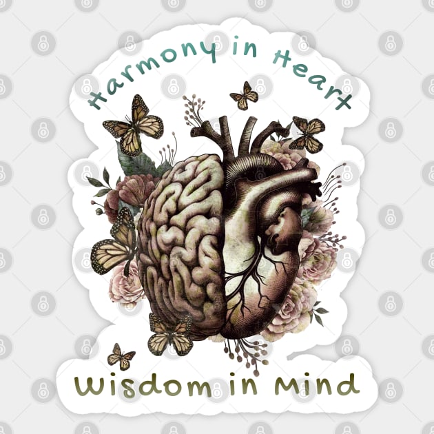 Harmony in Heart, Wisdom in Mind, Right balance between head and heart, roses and flowers and butterfies watercolor, vintage style Sticker by Collagedream